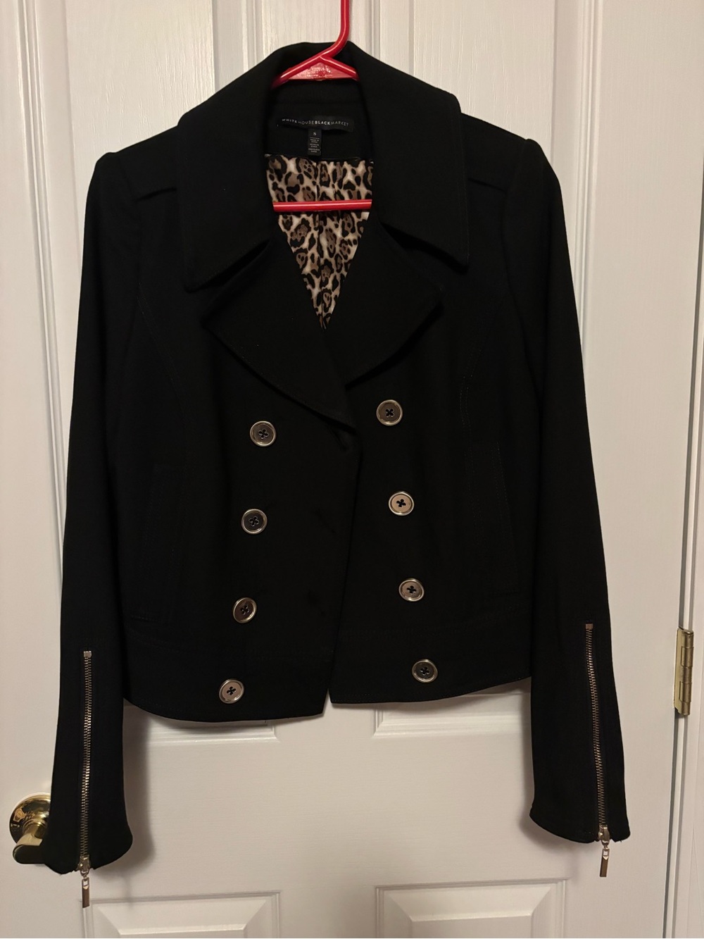 Black Women's Double-Breasted Jacket with Leopard Lined Collar